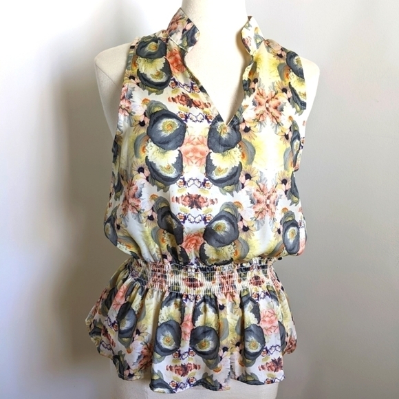 VINTAGE Pop Art Photo Realistic Floral Print Sleeveless Peplum Top - Picture 2 of 9